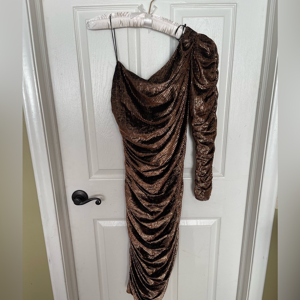 Vintage Lurex gold one shoulder Formal Statemnet  Dress 1980s